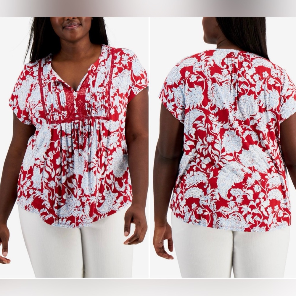 Tommy Hilfiger Plus Size Floral Print Pin-Tuck Ladder Top Size 2X Red White Blue